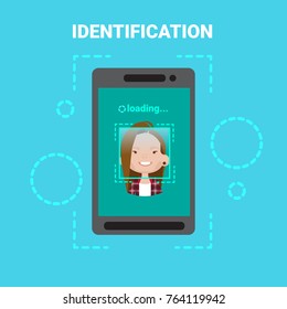Smart Phone Loading Face Identification System Scanning Female User Access Control Modern Technology Vector Illustration
