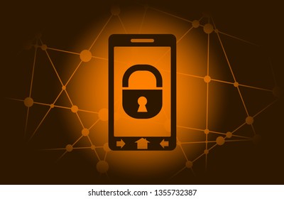 Smart phone and lock icons. Mobile gadgets technology relative image. Molecule and communication background. Connected lines with dots.