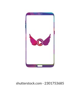 Smart phone logo design. mobile vector illustration with wings and play button icon.