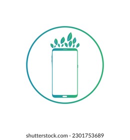Smart phone logo design. mobile vector illustration with leaves and circle ring.