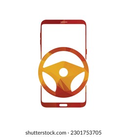 Diseño del logotipo del teléfono inteligente. ilustración vectorial móvil con icono de la dirección del coche de carreras.