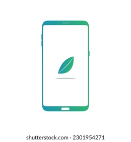Smart phone logo design. mobile vector illustration and leaf icon.
