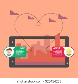 Smart phone love message conversation.Text messaging flat design concept.