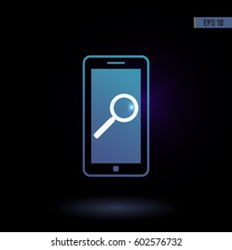 Smart phone with a magnifying glass. Search, find, optimization. Vector icon. Graphic symbol for web design, logo. Isolated sign on a black background.