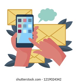Smart phone and mail messages. Flat style. Cartoon vector illustration