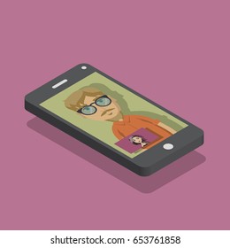 Smart phone making a video call. Modern flat draw.