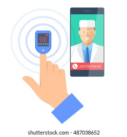 Smart phone with male doctor online on the screen and pulsometer on a finger. Telemedicine flat concept illustration of smartphone, medic and hand with cardiosensor. Vector design infographic element.