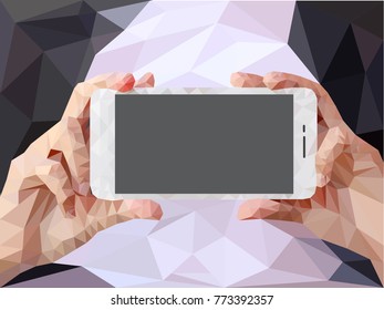 Smart phone in male hands polygon background, Technology background, Copy space, Polygon background