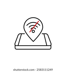 Smart phone and map pointer and no wifi symbol. Offline navigation using app and gps disconnected. Pixel perfect vector icon