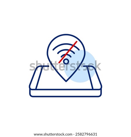Smart phone and map pointer and no wifi symbol. Offline navigation using app and gps disconnected. Pixel perfect, editable stroke icon