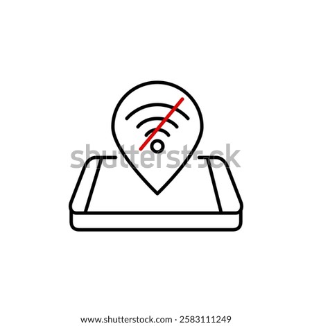 Smart phone and map pointer and no wifi symbol. Offline navigation using app and gps disconnected. Pixel perfect vector icon