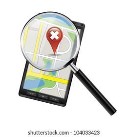 Smart phone with map under a magnifier