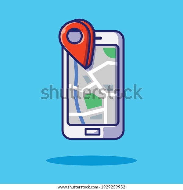 Smart phone maps screen\
with location icon icon flat cartoon style illustration for web,\
landing page, banner, flier, sticker, ads, advertisement on blue\
background