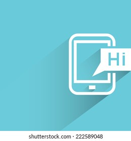 smart phone with message in blue background, flat and shadow design