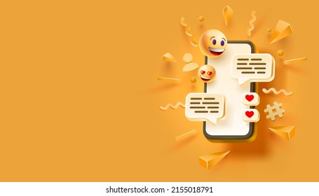 Smart phone message chat, like social people, web banner background. Vector illustration