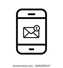 Teléfono inteligente con icono de línea de mensaje, comunicación móvil y símbolo de notificación de correo electrónico, estilo de contorno simple sobre fondo blanco