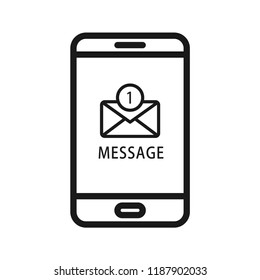 Smart phone with message reminder icon on screen. Flat simple design. Line Vector. Isolate on white background.