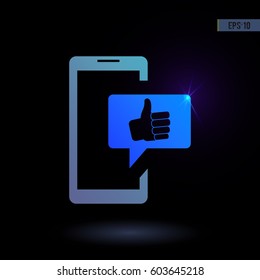 Smart phone with message thumbs up. Vector icon. Graphic symbol for web design, logo.