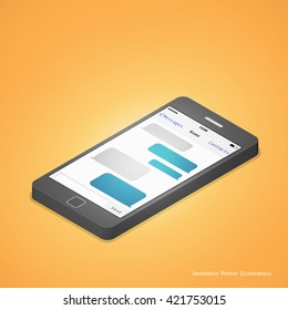 Smart phone with messaging application. Isometric vector illustration.