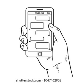 Smart phone messaging coloring vector illustration. Comic book style imitation.