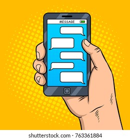 Smart phone messaging pop art retro vector illustration. Comic book style imitation.