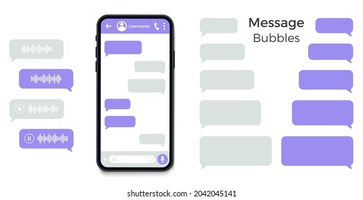Teléfono inteligente con pantalla de chat de mensajero y onda de voz. Concepto de diseño de medios sociales. Burbujas de plantillas de Sms para componer diálogos. Estilo plano de ilustración vectorial moderna.