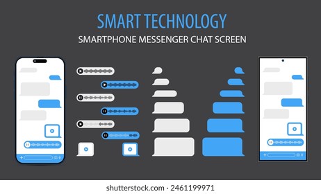 Smartphone mit Messenger-Chat-Bildschirm. SMS Vorlage Bubbles für Kompositionsdialoge.  Vektorgrafik-Chatbildschirm in der Mobilkommunikationsdarstellung. Chat-App-Vorlage. Konzept sozialer Netzwerke. Vektorgrafik.