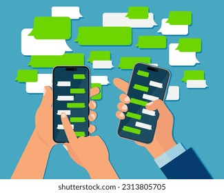 Concepto de Smart Phone Messenger. Chat de mensajería instantánea en pantallas móviles en manos humanas, mensajes de chat de celda diálogo con cuadros de chat de texto. Ilustración del vector