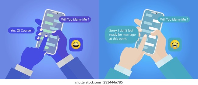 Smart Phone Messenger concept. Instant messaging chat on mobile screens in human hands, cell chat messages dialogue with text chatting boxes. Vector illustration