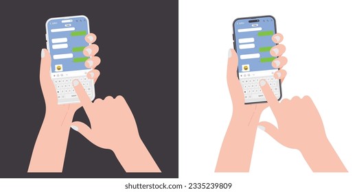 Smartphone-Messenger-Konzept. Instant Messaging-Chat auf mobilen Bildschirmen in menschlichen Händen, Chat-Nachrichten-Dialog mit Textchatting-Feldern. Vektorgrafik