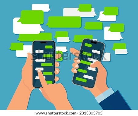 Smart Phone Messenger concept. Instant messaging chat on mobile screens in human hands, cell chat messages dialogue with text chatting boxes. Vector illustration