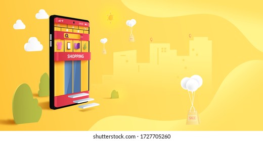 Teléfono inteligente y aplicación móvil con diseño de página de inicio de concepto de servicio de compras y entrega en línea.Ilustración vectorial.