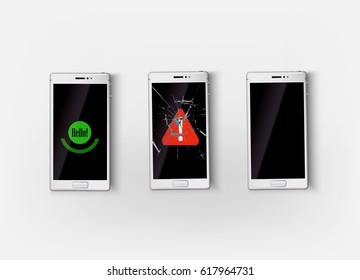 Smart phone, mobile phone with broken screen, black screen and smile hello screen. Top view illustration  templates 
