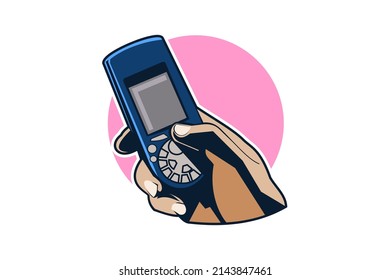 Smart phone or mobile phone with hand symbol, sticker ,logo ,icon vector design. retro mobile phone concept vector illustration