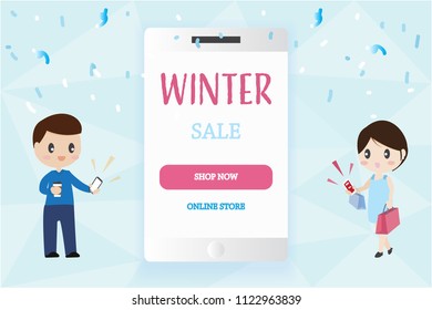 smart phone mobile mock up with copy space with man and woman couple lover carry shopping bags holiday christmas winter big sale online shopping concept