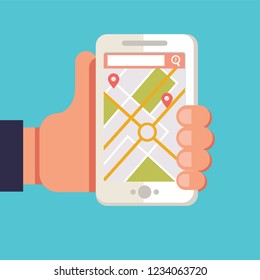 Smart phone with mobile navigation. Flat design modern vector illustration icons