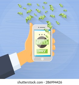 Smart Phone Mobile Payment Checkout Businessman Hand Pay Concept Green Dollar Fly Flat Vector Illustration