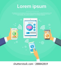 Smart Phone Mobile Payment Device Nfc Tablet Checkout Businessman Hand Contact Less Pay Flat Vector Illustration