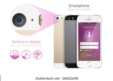 Smart phone mock up with application UI demo. Smart phone user interface mock up. Front and back sides smart phone mock up. Gold mobile phone mock up for application demo.