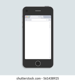 Smart Phone mockup with blank web browser window. Realistic black mobile phone with empty Browser on the screen isolated on light background. Vector illustration EPS 10.