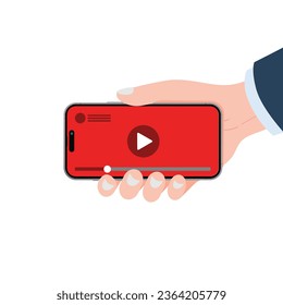 Smart phone mockup in human hand with Video player application. Hand Holding Smartphone with movie player, pause, play and slider button. Vector illustration.