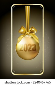 Smart phone mock-up with one Christmas golden ball and inscription 2023 on dark device screen. Celebration winter x-mas and New Year holliday concept EPS10 Vector illustration