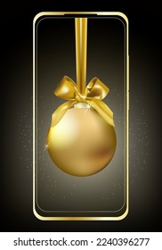 El teléfono inteligente se burla de la orientación vertical con la brillante bola de oro navideña en la pantalla oscura del dispositivo. Festejo de invierno concepto EPS10 Ilustración vectorial