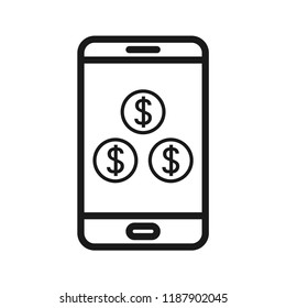 Smart phone with money coins icon on screen. Flat simple design. Line Vector. Isolate on white background.