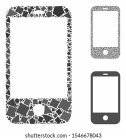 Smart phone mosaic of trembly items in various sizes and shades, based on smart phone icon. Vector unequal items are composed into mosaic. Smart phone icons collage with dotted pattern.