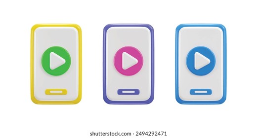 Smart phone with multimedia video play icon set 3d rendering vector illustration