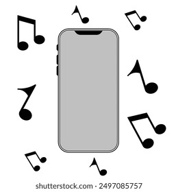 Smart Phone and music notes icon in grey scale isolated on white background.