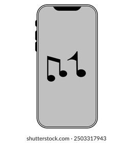 Smart phone and music notes icon in grey scale isolated on white background.