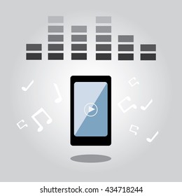 Smart phone with music player and note in mobile music concept-vector