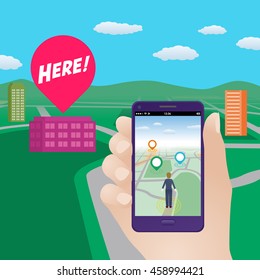 smart phone navigation application using location information, hand hold smart phone, vector illustration